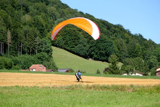Red and white paraglider landing in a yellow field in the campain