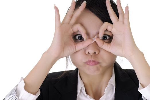 Funny face on young business woman, closeup portrait on white background.
