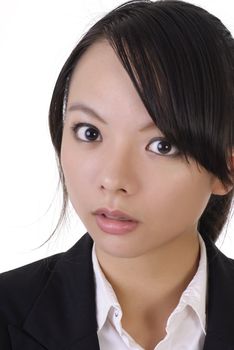 Surprised business woman face, closeup portrait on white background.