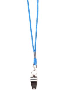 Shot of whistle with blue string isolated on white