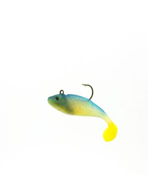 A floating blue/yellow fishing lure