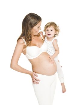 Pregnant woman with her daughter isolated on white background