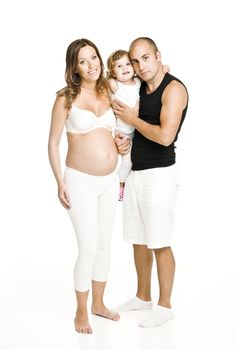 Pregnant woman with her family isolated on white background