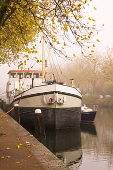 Old ship in the harbour with autumn colors all around