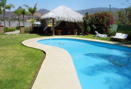 Hotel with swimming pool and palms in the garden