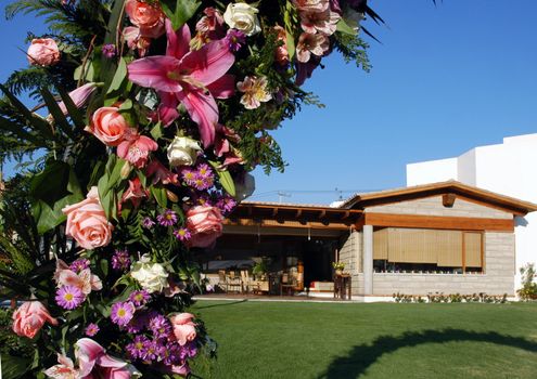 Detial of decoration for wedding ceremony at the garden of hotel