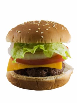 Cheeseburger with lettuce, onion, and tomatos isolated on white