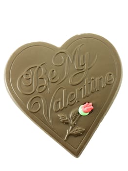 Chocolate heart isolated on white with the words "Be My Valentine" on it