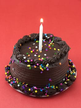 Chocolate cake with one lit candle in it