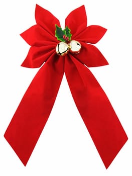 Red christmas bow with bells and holly, isolated on white