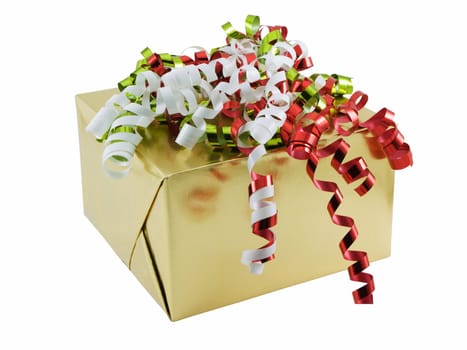 Christmas present wrapped with curly ribbon on top, isolated on white