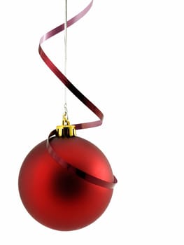 Red christmas ornament with ribbon, isolated on white