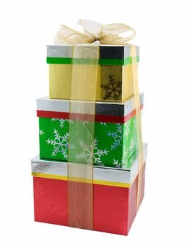 Stack of three christmas presents tied with a bow, isolated on a white background