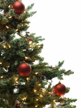 Half of decorated christmas tree isolated on white