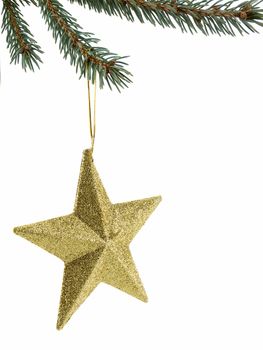 Christmas star decoration hung from tree limb isolated on white