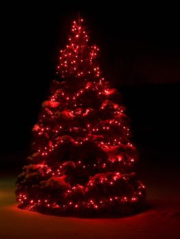 Lit up christmas tree outside in the snow