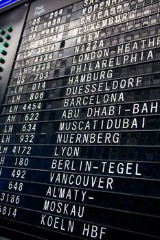 The display board in an airport with depatrue and arrival times.