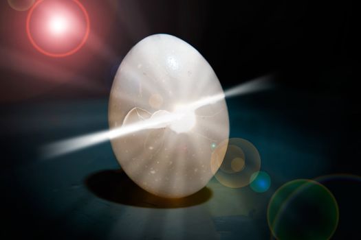 An egg with a magnificant light coming out of it.  Birth concept image - with lens flare.