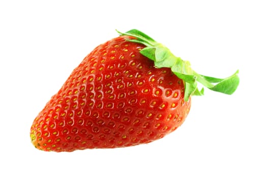 close up shot of single fresh ripe strawberry over white