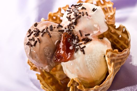 close up ice cream with chocolate knick knackery