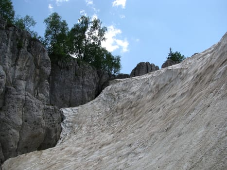 Rock, stone, block, rocky, the main Caucasian ridge; relief; a landscape; a hill; a panorama; mountains; Caucasus; a slope; a snow