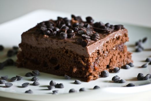 chocolate cake square on a plate