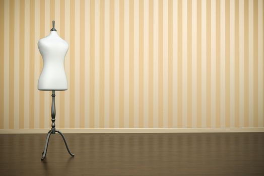 Empty old-fashioned interior with white clothing mannequin. 3D render.