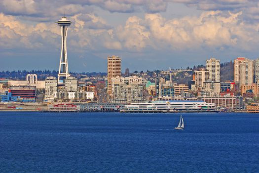Seattle's skyline, Space Needle and yacht, Washington, United States