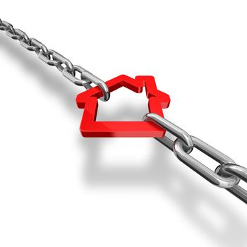 3d illustration of a red house symbol blocked with chains - conceptual image