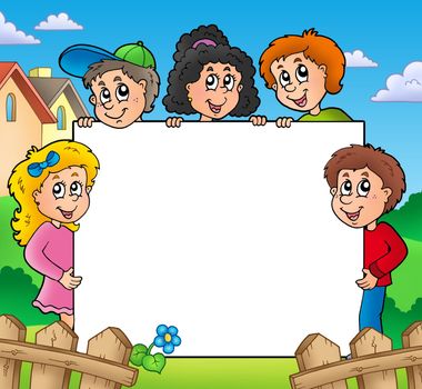 Blank frame with various kids - color illustration.