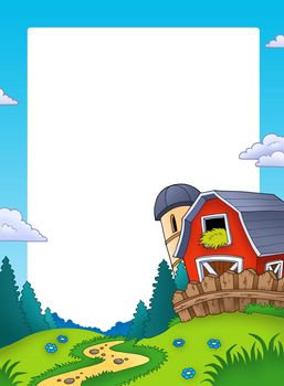 Frame with landscape and barn - color illustration.