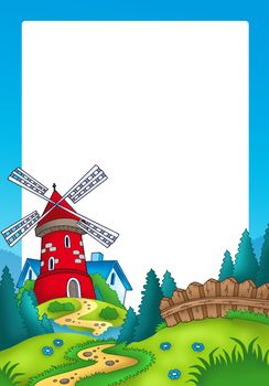 Frame with landscape and red mill - color illustration.