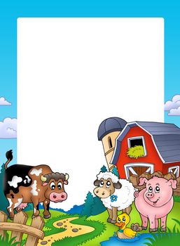 Frame with barn and farm animals - color illustration.