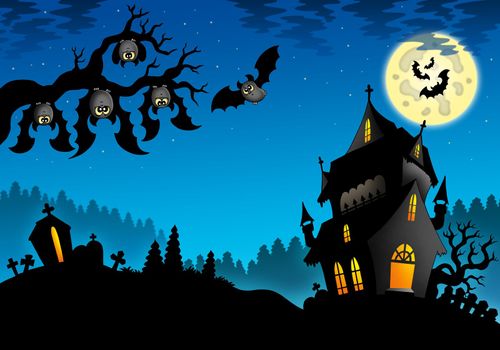 Halloween landscape with mansion - color illustration.