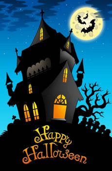 Happy Halloween sign with old house - color illustration.