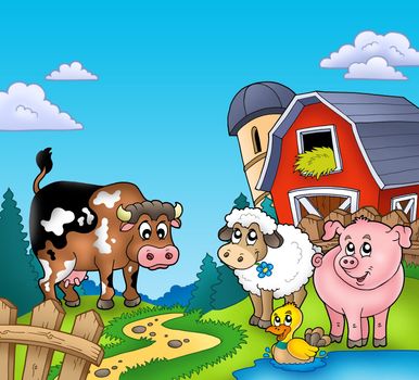 Red barn with farm animals - color illustration.