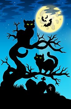 Two cats silhouette with full moon - color illustration.