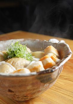 Noodle with onion and dumpling.