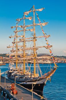 Russian sailing frigate "Pallada" on pier 66 in the port city of Seattle.