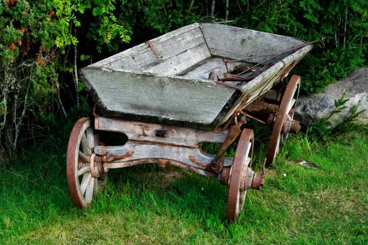 Old and used wagon standing near green bushes