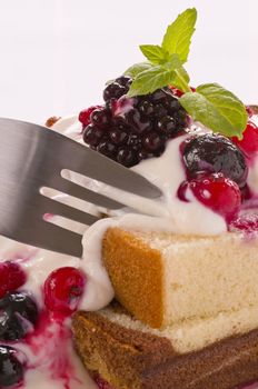 Dessert cake with yoghurt, fruits and mint leaf