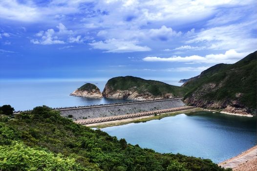 Blue sky and sea with mountains in hong kong