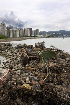 Garbage piled up on the coast of the ocean
