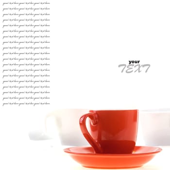 Color cups for hot drink (tea or coffee) with plates on white background
