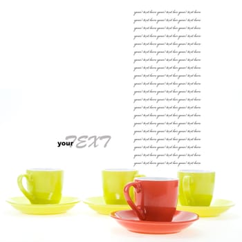 Color cups for hot drink (tea or coffee) with plates isolated on white background