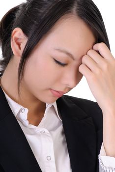 Sad business woman put hand on head, closeup portrait.