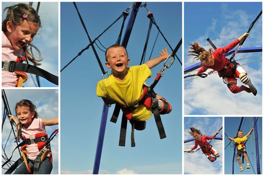 Little children  jumping on the trampoline (bungee jumping).