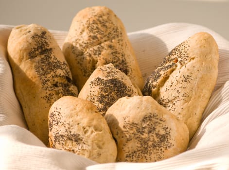 Basket of fresh baked bread in the first light of the sun.