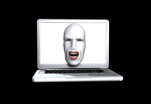 Abstract image showing a screaming face coming out of a laptop screen.
