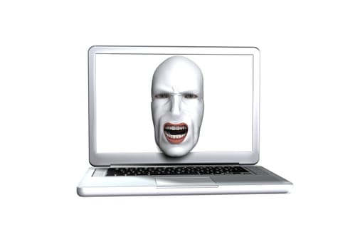 Abstract image showing a screaming face coming out of a laptop screen.
